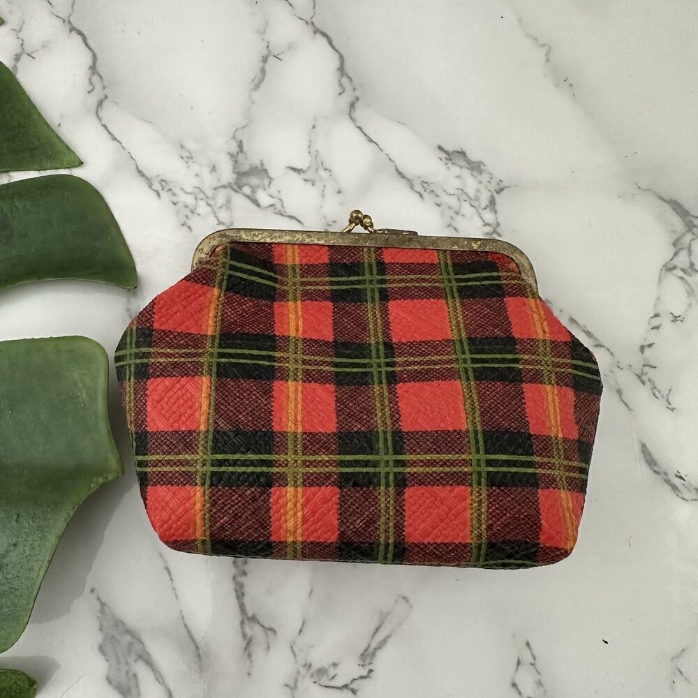 Vintage 60s Plaid Coin Purse Pouch Red Yellow Vinyl Gold Frame Academia Small